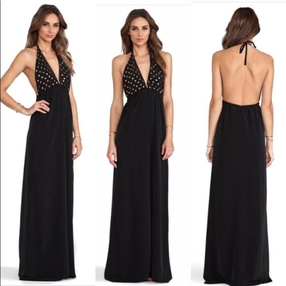 Revolve LBD Lovers + Friends Black And Gold Studded Halter Maxi Dress - Picture 1 of 7